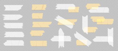 Not ve etiketler için sarı kağıt parçalarıyla şeffaf bant şeritleri. Yapışkan pastel dikdörtgenler, hatıra defteri ve ofis organizasyonu için yırtılmış ya da kesilmiş. Sert kenarlı yapışkan not koleksiyonu.