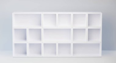 Karışık boyutta boş bölmeleri olan beyaz dolap. Esnek depolama çözümleri için modern raf ünitesi. Kitap, dekor veya ofis malzemeleri için İskandinav tarzı düzenleyici birimi.