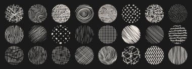 Noktalar, ahşap tanecikler, çapraz çizgiler ve kaotik darbeler, şebeke kareleri, organik girdaplar ve geometrik üçgenler ile çapraz desen dizilmiş. Siyah beyaz el çizimi tasarım arkaplanları.