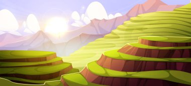 Teraslı pirinç tarlası vektör manzarası. Gün doğumunda gökyüzünün altındaki yamaçlardan dökülen yuvarlanan yeşil çayırlarla birlikte. Asya kırsal illüstrasyonları için tarımsal terasları ve bulutları olan dağ manzarası
