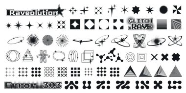 Yıldızlı tekno poster y2k retro tasarım elementleri, çılgın el ilanları için arıza efektleri ve geometrik şekiller. Yörünge halkaları, piksel desenler ve fütüristik parti grafiği için hata metni içeren soyut semboller