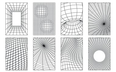 Tekno estetiğe sahip şebeke kalıpları - y2k tünel perspektifli ve eğri büğrü şekilli retro poster tasarımları. Spiral girdaplar elektronik müzik görselleri veya dijital sanat için eğri çizgilerle harmanlanır.