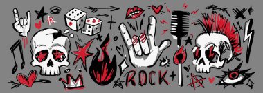 Kafatası, mohawk saç stili ve müzik afişi tasarımı için asi sembolleri olan punk rock karalama koleksiyonu. El hareketleri zarlar, alevler, mikrofon ve yeraltı grafikleri için anarşi işaretleriyle karışır..