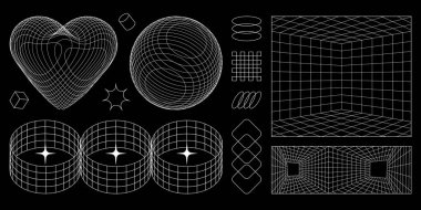 Siber estetik olarak kablo çerçevesi şekilleri - dijital sanat için 3 boyutlu geometrik şekilli retro ızgara desenleri. Fütürist arayüz tasarımı için silindirik yapılara sahip kalp ağı, küre ve perspektif odaları