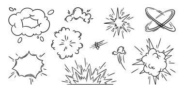 Çizgi film aksiyon sahneleri için çizgi roman patlamaları, duman bulutları, yıldız patlamaları ve etki çizgileri. El çizimi patlama şekilleri, hareket halkaları ve enerji kıvılcımları manga ya da süper kahraman grafikleri için.