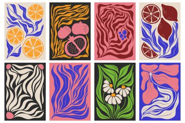 Antika dekorlar için narenciye, nar ve akan botanik desenlerle donatılmış soyut moda yapraklar. Portakallar, papatyalar ve canlı renklerde organik şekiller içeren dalgalı yapraklar..