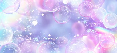 Yanardöner yansımaları ve pastel gradyan arka planda parlayan parçacıkları olan yüzen kabarcık küreleri. Pembe ve mor rüya bg üzerindeki şeffaf küreler - Bokeh efektli sihirli tasarım.
