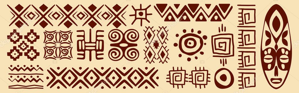African symbol doodle collection with traditional tribal patterns, geometric motifs and ceremonial mask design in brown colors. Indigenous cultural elements and ethnic ornaments for authentic design.