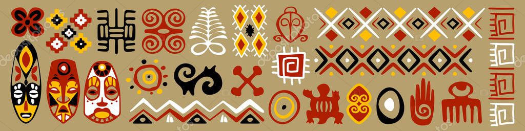 African symbol doodle set with colorful tribal masks, geometric patterns and traditional cultural motifs. Brown, red and white ceremonial designs, ethnic borders, spiritual and ancestral icons.