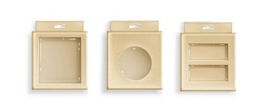 Plastik pencere kesikli Kraft kutu ambalajı ve beyaz üzerinde perakende gösterimi için asılı sekmeler. Ürün sunumu için kare, dairesel ve dikdörtgen izleme panelleri olan kahverengi karton kaplar.