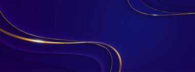 Zarif altın akış eğrileri ve özel tasarım için derin donanma gradyanı olan mavi lüks ödüllü arka plan. Metalik dalga ve pürüzsüz desenli şirket veya sertifika şablonu.