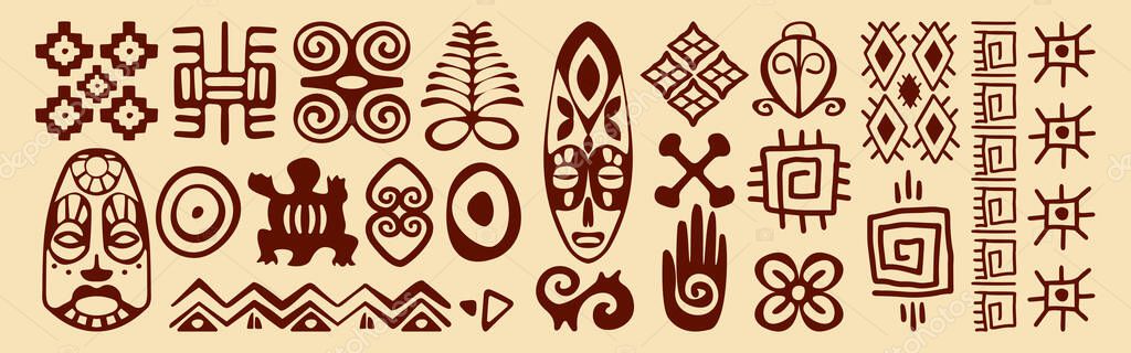 African symbol doodle collection with traditional tribal patterns, geometric motifs and ceremonial mask design in brown colors. Indigenous cultural elements and ethnic ornaments for authentic design.