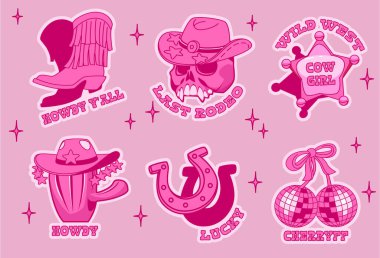 At nalı, kirazlı ayna topları, süslü batı çizmeleri ve kafatasında şapkası olan pembe disko kovboy çıkartması. Parti dekorasyonu veya hatıra defteri için geçmişe dönük ülke teması. Parlak dizaynlı ışıltılar.