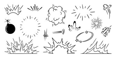 Çizgi film çizimleri için patlayıcı patlamalarla ve aksiyon çizgileriyle karikatür etkisi. El yapımı bomba, bulutlar, yıldızlar ve çarpışma şekilleri hareket çizgileri. Süper kahraman mangası için dinamik grafik elementler