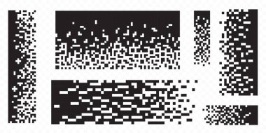 Siyah bloklardan beyaz parçalara ayrılan tek renkli kare elementlerle küp piksel desenli geçişler. Modern grafik tasarımı için geometrik çözünme dokularının dijital yarım ton efektleri