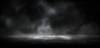 Duman sisi atmosferi, su yansımaları ve dramatik bg için sisli bulutlar. Buhar perdeleri ve aydınlatılmış zemin yüzeyiyle kasvetli bir sahne. Cadılar Bayramı sunumları için gizemli ortam.