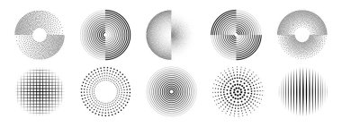 Grafik tasarımı için nokta desenli daireler - eş merkezli halkalar, yarım ton eğimleri ve ızgara dokuları. Modern geometrik ışıma elementleri baskı veya dijital sanat arka planları için.