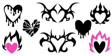 Eriyen siyah siluetleri, kabile kanatları ve alternatif tasarım için alevleri olan Y2k gotik kalp koleksiyonu. Kırık geometrik şekil, damlayan boya ve pembe aksanlar. Emo punk estetik simgeleri ayarlandı