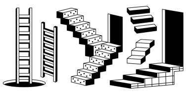 Siyah ve beyaz izometrik merdivenli merdiven koleksiyonu, klasik tasarım için noktalı basamaklar. Geometrik merdiven, basamaklı portal girişi. Minimalist mimari elementler çizimi.