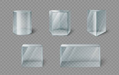 Sergi tasarımları için şeffaf silindirik, altıgen ve dikdörtgen vitrinli cam kutu müze vitrinleri. Objeler ve koleksiyonlar için açık vitrinler. Modern galeri kaidesi