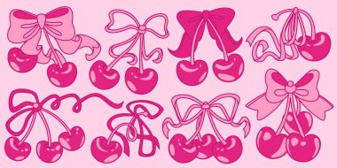 Nostaljik estetik için pembe arka planda y2k kurdeleleri ve fiyonkları olan parlak kiraz çiftleri. Dekoratif düğümlerle bağlanmış tatlı meyve kümeleri ve kız modası veya yaz tasarımı için kıvrımlı flamalar.