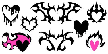 Eriyen siyah siluetleri, kabile kanatları ve alternatif tasarım için alevleri olan Y2k gotik kalp koleksiyonu. Geometrik şekil, damlayan boya etkisi ve pembe aksanlar. Emo punk estetik simgeleri ayarlandı