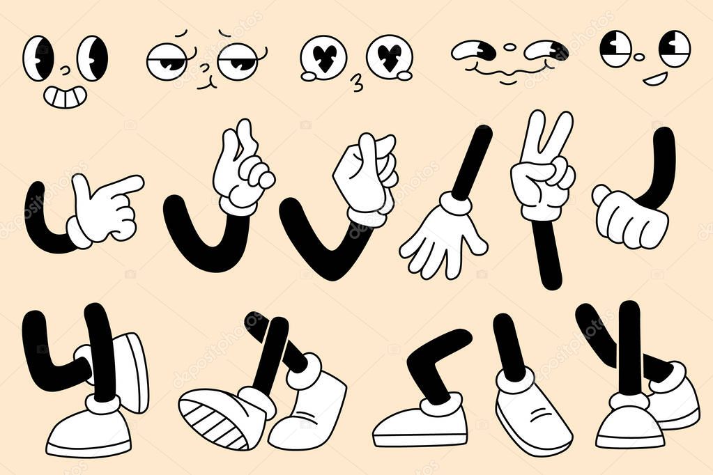 Cartoon groovy collection of legs with sneakers and retro rubber hose limbs, gloved hands and expressive faces for animation style. Vintage comic character parts for stickers or mascot designs.