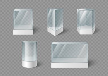 Müze tasarımı olan boş cam vitrinler - beyaz tabanlı şeffaf vitrinler, dikdörtgen ve silindirik şekiller sergiler için. Galeriler için profesyonel sunum kapları.