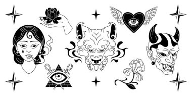 Şeytan maskeli eski moda dövme koleksiyonu, kadın portresi, kanatlı kalp ve beyaz arka planda piramit gözü. Geleneksel flaş levha tasarımları için kara çizgi sanatı, yıldızlar ve şeytan kafası.