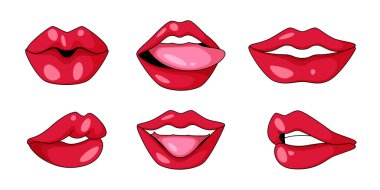 Seksi retro ifadeleri olan parlak ağız koleksiyonu. Dili gösteren kırmızı dudaklar, beyaz arka planda gülümseme ve öpüşme pozları. Güzellik illüstrasyonu ya da klasik kozmetik reklamları için kadınsı cazibe.