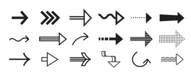 Navigasyon ve arayüz elementleri için sağ işaretli simgeleri daralt. Dalgalı çizgileri, noktalı desenleri ve kıvrımlı noktaları olan siyah yön sembolleri. Minimalist web ui düğmeleri.