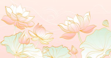 Lotus hattı altın çiçekleri. Pastel pembe arkaplan ve yeşil yapraklar, refah tasarımı için. Tohum kabuklu kutsal çiçekler. Yoga ya da güzellik markası için Asya botanik çalışmaları.