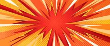 Patlama efektiyle arkaplandaki çizgi roman patlaması. Soyut kırmızı, turuncu, sarı ışınlar, anime süper kahraman hareketi, yıldız patlaması, yıldırım hızı tasarımı, retro bomba patlaması