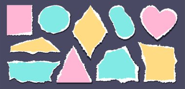 Yırtılmış renkli kağıt parçaları siyah arkaplanda izole edildi. Kalp, üçgen, eşkenar dörtgen şekilli notların vektör gerçekçi illüstrasyonu, renk defterinin yırtık kenarları, klasik kolaj tasarımı için yamalar