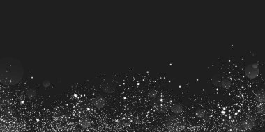 Zarif davetiyeler veya lüks kart tasarımları için gümüş parıltılı ve parlak kenarlı siyah çerçeve. Işıldayan yıldız tozu parçacıkları ve ışık efektleri karanlık merkez uzayın altında. Birinci sınıf arkaplan şablonu.