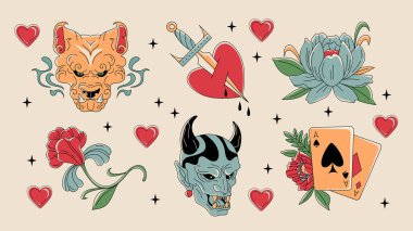 Arka planda eski moda dövme seti var. Keskin dişli şeytan kafasının vektör çizimi, eski hançer, korkunç köpek ikonu, gotik çiçekler, as kartlar, siyah yıldızlar tarafından bıçaklanan kanayan bir kalp.