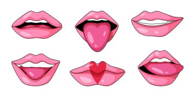 Retro seksi dudaklar beyaz arkaplanda izole edildi. Popüler sanatın vektör çizimi. 90 'ların tarzı. Ağızları gülüyor, dil yalıyor, diş yalıyor, kalp işareti, klasik çıkartma tasarımı, 2k emoji.