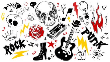 Alternatif tasarım ve müzik sanatları için kafatası, gül, gitar ve isyankar sembollerle donanımlı punk rock karalama koleksiyonu. Afişler, çıkartmalar veya grup ürünleri için siyah sokak sanatsal unsurları.