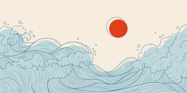 Geleneksel okyanus motifleriyle Japon su dalgaları çizimi - akan mavi deniz dalgaları, damlalı köpük bulutlar ve krema zemininde kırmızı güneş. Dekoratif ya da kültürel projeler için doğulu sanat tarzı.