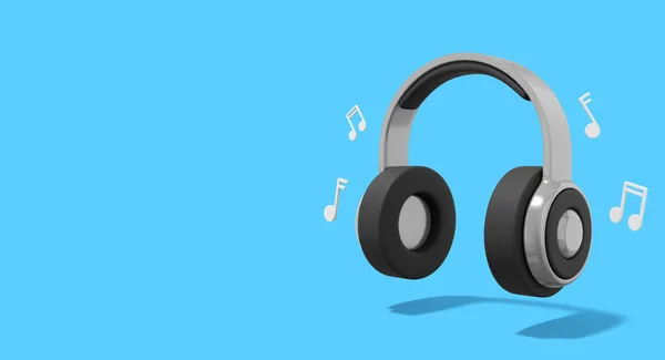 Realistic Gray Headphones Music Notes Blue Background Space Text Rendering — Stock Photo, Image