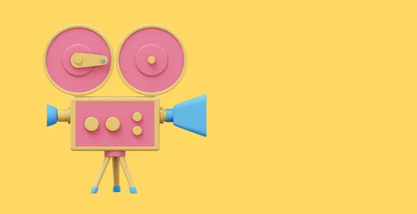 Vintage red cartoon style movie camera. Funny retro video camera. 3D rendering. Icon on yellow background, text space.