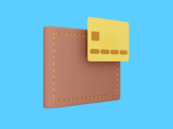 支払いの概念 青の背景にクレジットカードで閉じた財布 濃縮アイコン 3Dレンダリング — ストック写真