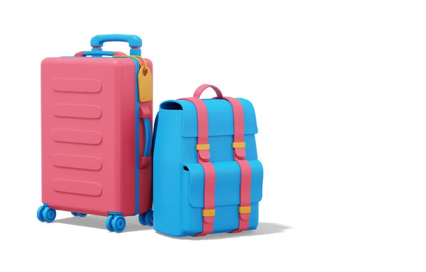 3D渲染 各种颜色的手提箱和白色背景的旅游背包 带有文字空间 — 图库照片