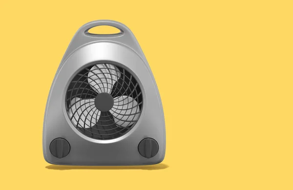 3d rendering. Realistic gray fan heater on yellow background with space for text. Front view