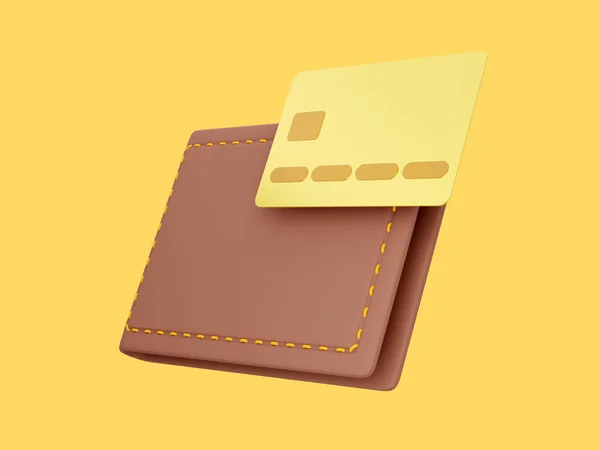 带黄底信用卡的闭锁钱包 付款概念 3D渲染 — 图库照片