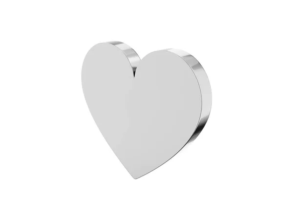 扁平的金属心脏 爱情的象征 银一样的颜色 在白色的背景上 右边的视图 3D渲染 — 图库照片