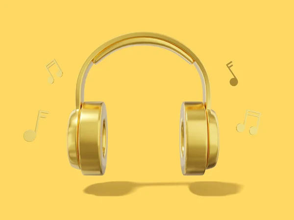 3Dレンダリング 黄色の背景に音楽ノートと現実的な黄金のヘッドフォン 正面図 — ストック写真