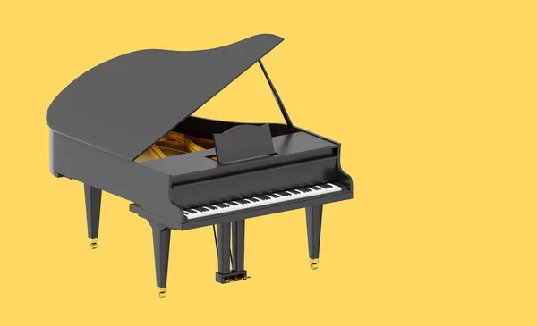 Reális Fekete Zongora Egy Hangszer Renderelés Ikon Sárga Háttérrel Hely — Stock Fotó
