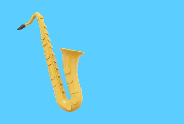 Gele Saxofoon Muziekinstrument Van Opzij Weergave Pictogram Blauwe Achtergrond Ruimte — Stockfoto