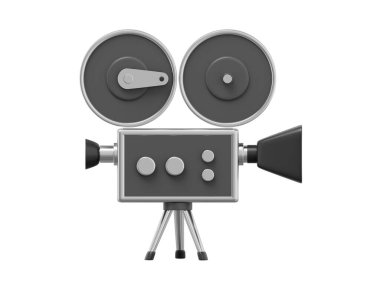Klasik siyah çizgi film tarzı film kamerası. Komik retro video kamera. 3 boyutlu görüntüleme. Beyaz arkaplanda simge